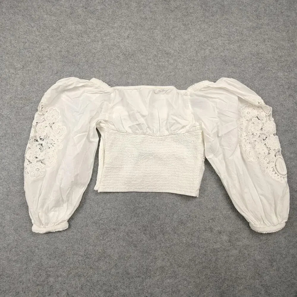 Farm Rio Blouse Womens Large White Cropped Square Neck Embroidered Crochet